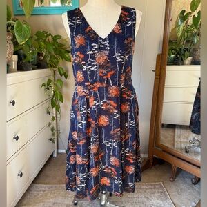 Unique Floral Sleeveless Dress - Navy and Orange, XL
